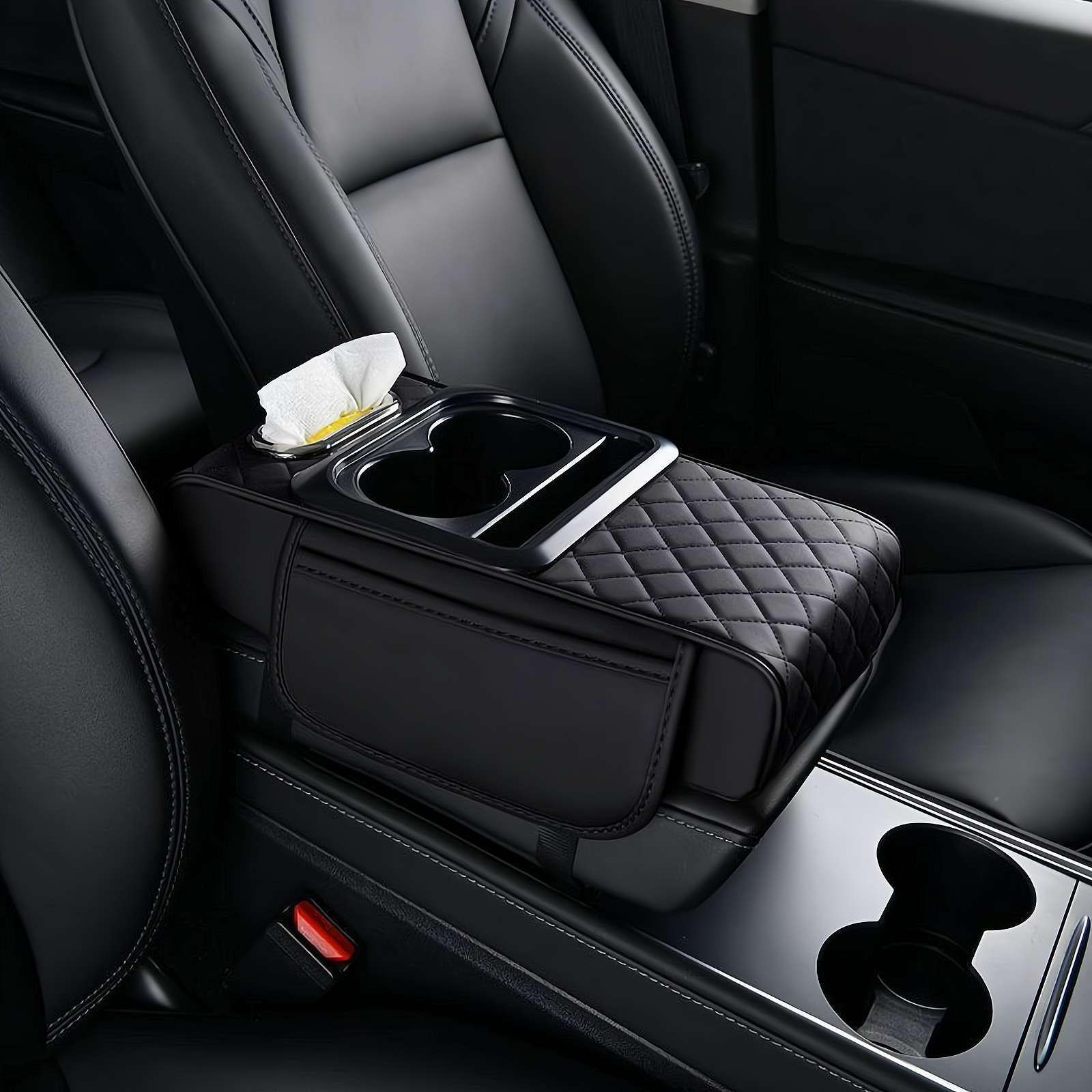 Tapis d'accoudoir de voiture multifonction en cuir synthétique, housse 5 en 1 pour console centrale, avec 2 sacs de rangement, porte-gobelet, fente pour boîte à mouchoirs, fente pour téléphone