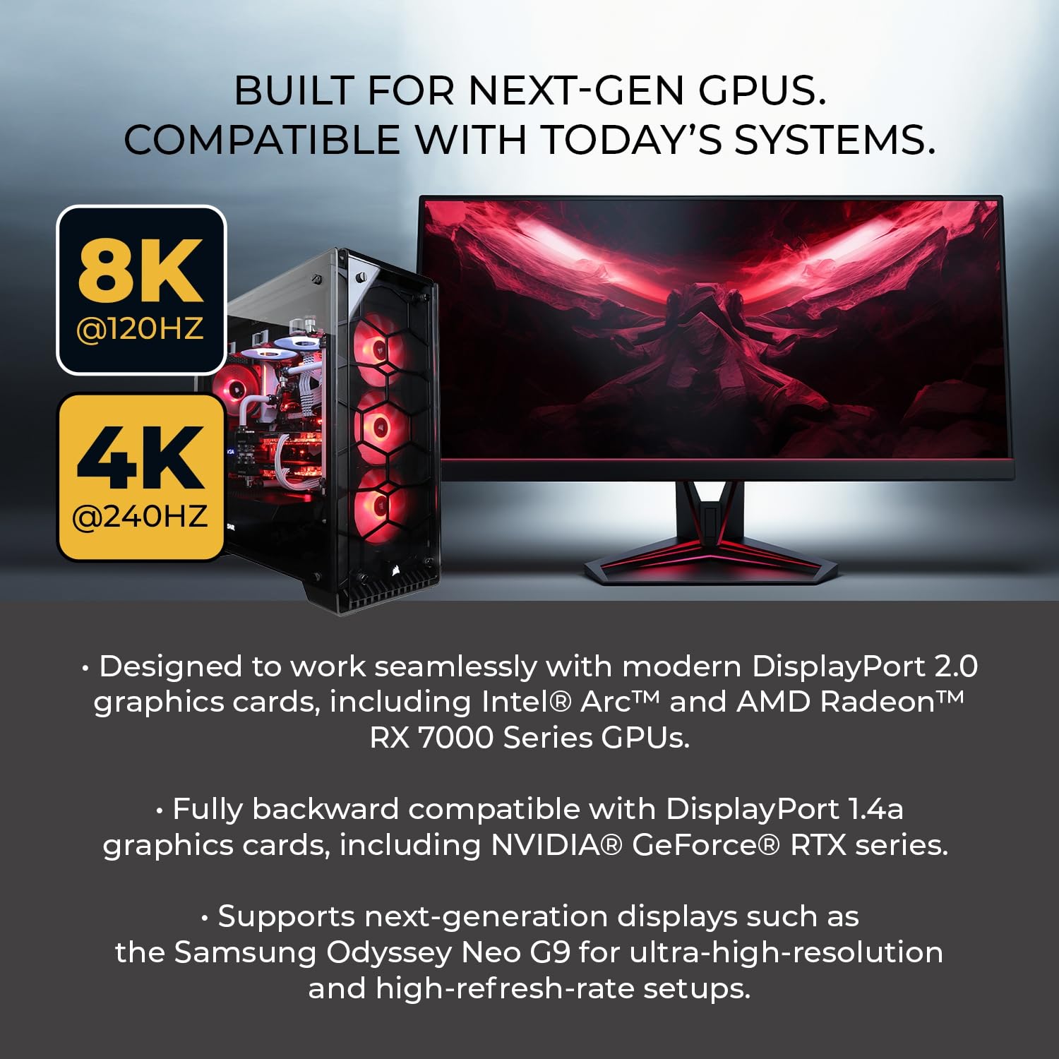 OREI Cavo 8K DisplayPort 2.0 AOC da 30,5 m - 54 Gbps, 8K a 120 Hz, 4K a 240 Hz, VRR