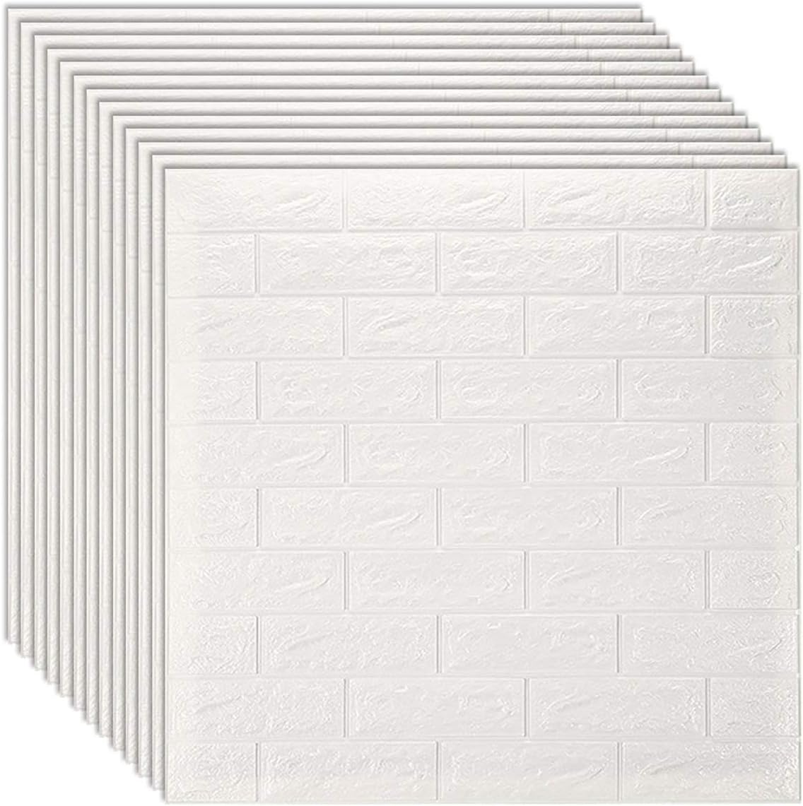 Queenbox 12PCS 27 x 30in Faux Foam Bricks WallPaper, Solid 3D Effect Self-Adhesive Peel and Stick Backsplash Wall Panel for Kitchen Cabinet Furniture, White