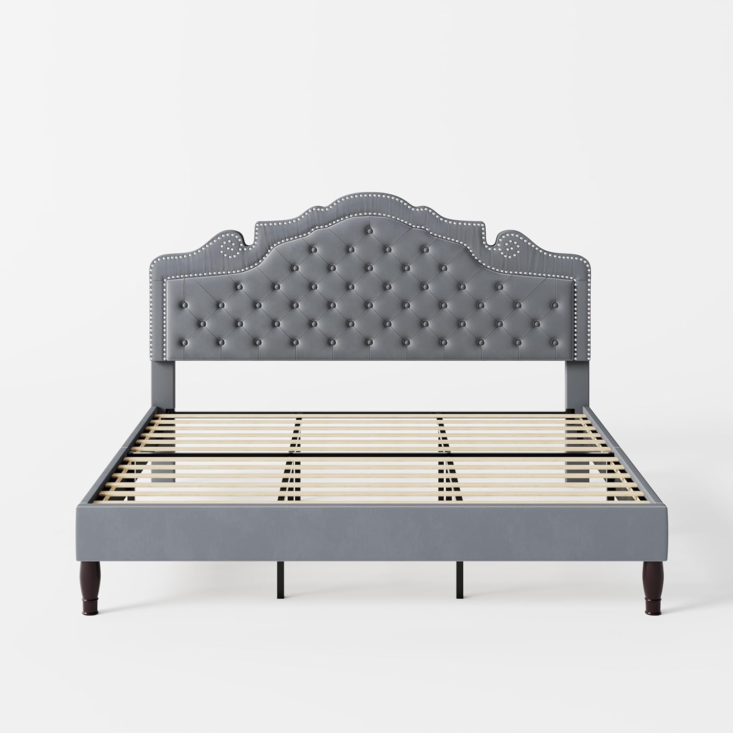 HOOMIC King Size Bed Frame with Adjustable Velvet Tiara Headboard, Upholstered Diamond Button Tufted Platform Bed, Wood Slats Support, No Box Spring Needed, Grey