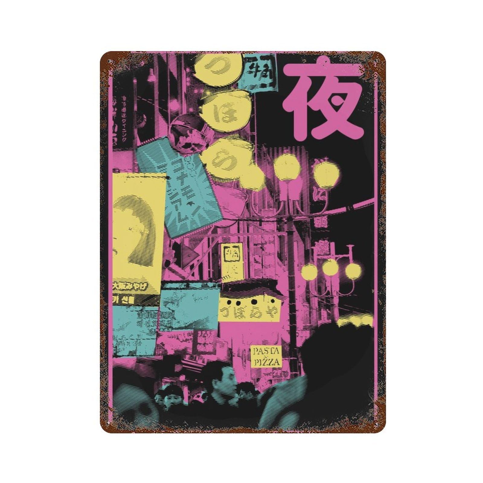 Cityscape Shinjuku Pink Retro Metal Sign 15.7"x11.8", Ideal for Cafe, Home Bar And Lounge Decor