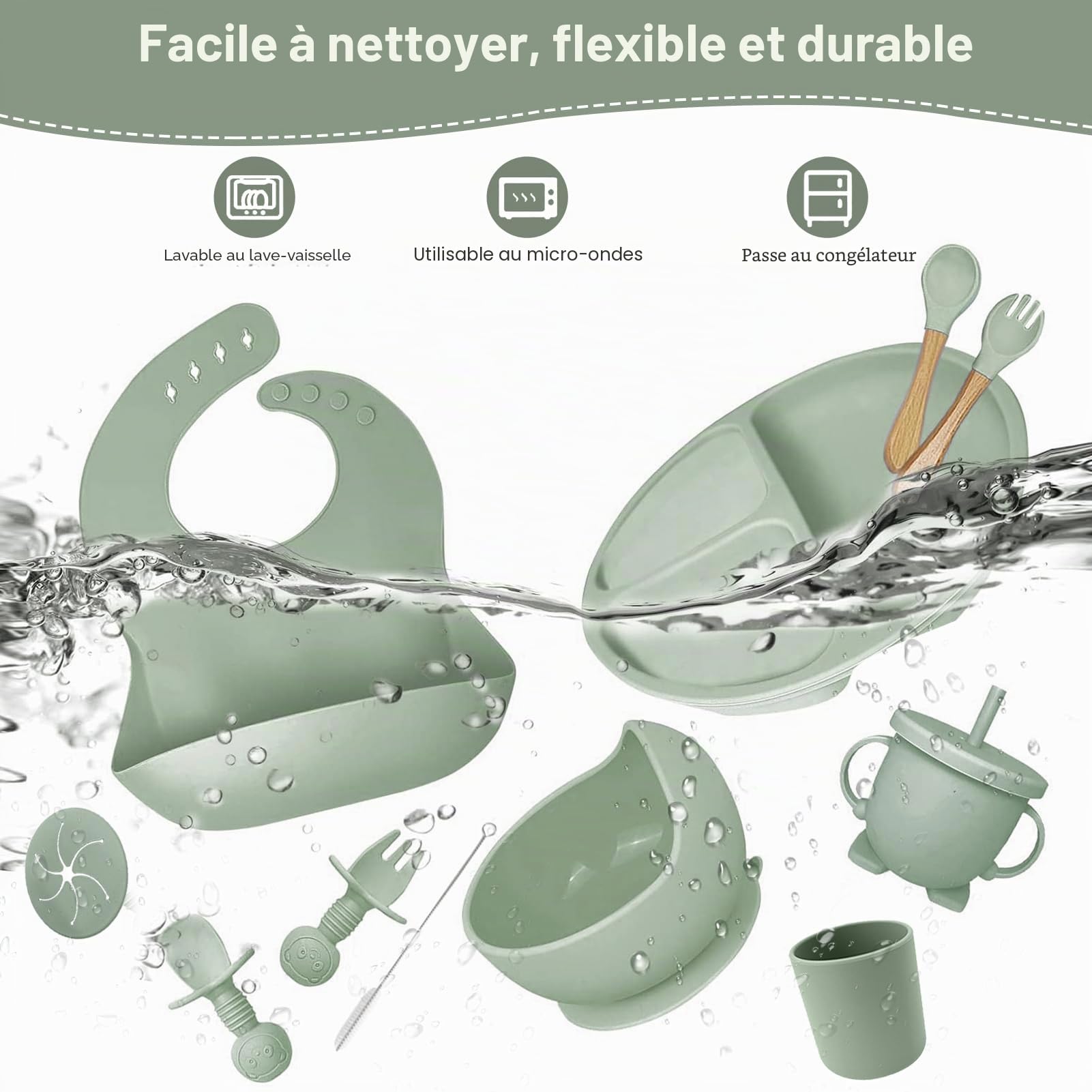 Assiette Bebe,Lot de 12 Set Repas BéBé, Bol Cuillere Bebe,Bavoir Silicone Bebe,Assiette Ventouse Pour BéBé,Enfant Set Couverts Vaisselle Pour Sevrage Manger