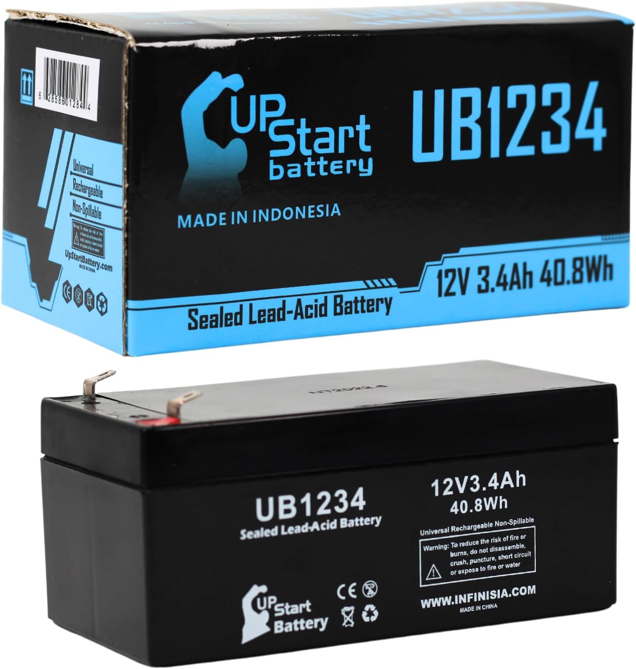 Replacement for APC Back-UPS 325 BE325R Battery - Replacement UB1234 Universal Sealed Lead Acid Battery (12V, 3.4Ah, 3400mAh, F1 Terminal, AGM, SLA) - Includes Two F1 to F2 Terminal Adapters