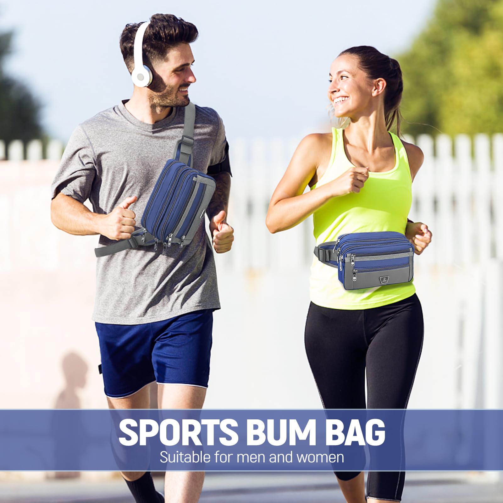 Sacoche Banane Homme Sac Banane Femme avec 7 Poches Zippées et Sangle Réglable Grande Capacité Sac Banane pour Le Jogging Randonnée Camping Cyclisme, Bleu