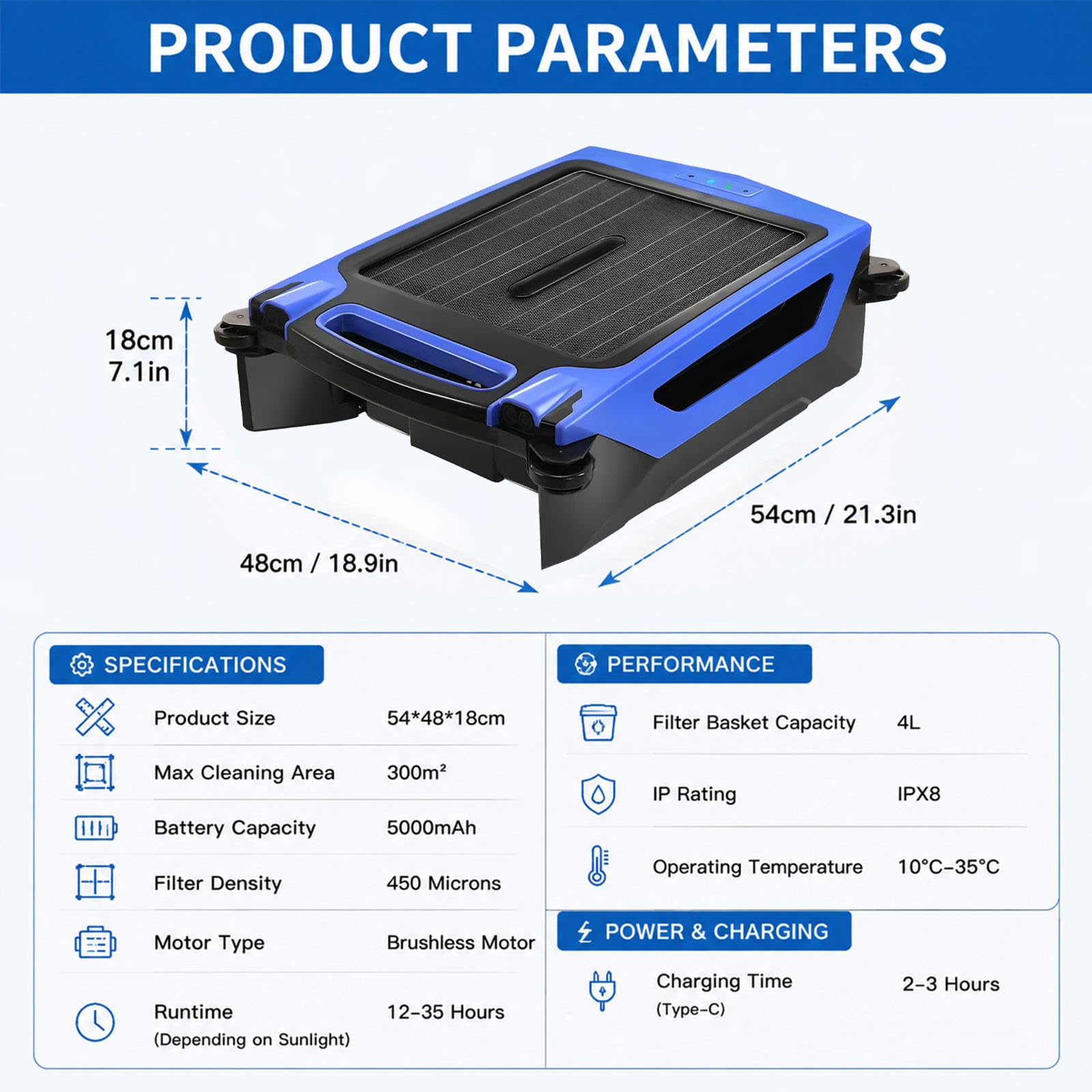 Robot Skimmer combina Filtro Ultra fine 450 μm e Corpo antiusura e antisale per Rimuovere Particelle Minute dai laghetti Esterni destinati ai Pesci