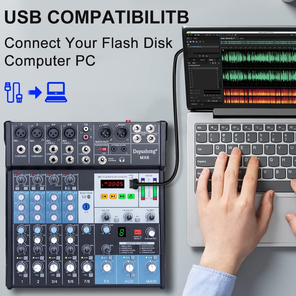 A USB flash drive connected to the Depusheng MX8 mixer, which is also connected to a laptop, illustrating USB compatibility.