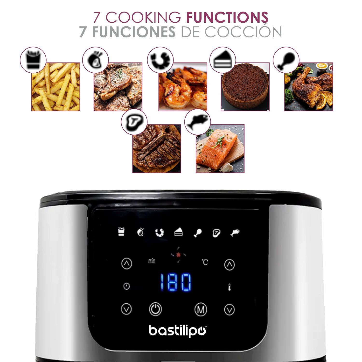 Dragon Air Fryer - Bastilipo - Freidora sin aceite 5,5L -Freidora de aire caliente con 7 programas -Con una potencia de 1800W y 60 min de temporizador - Pantalla LED - Sin BPA ni PFOA (AF-1800-0746)