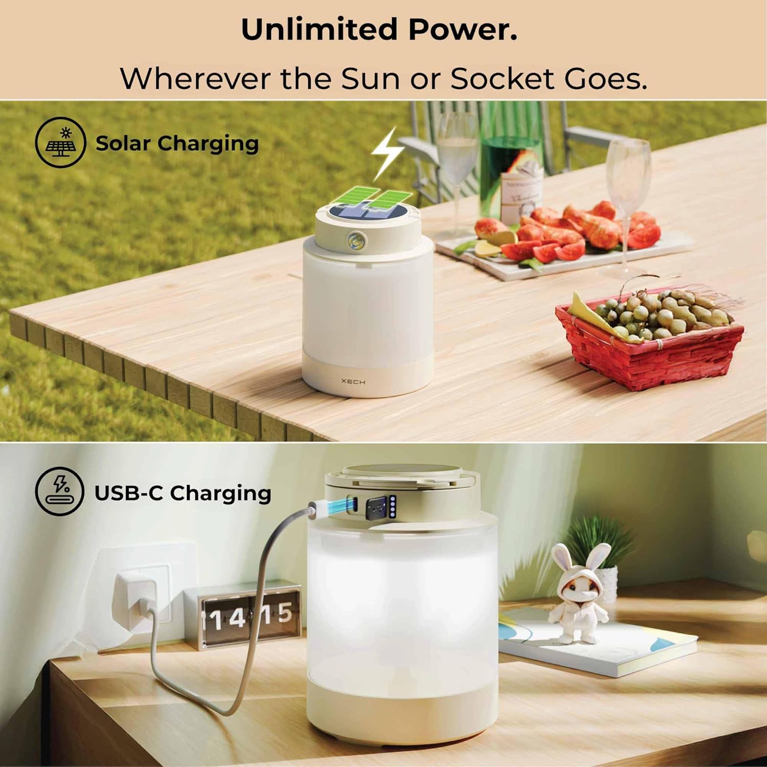 Image showing the Xech Solar Beam being charged via solar panel outdoors and via USB-C cable indoors.