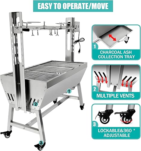 Miniatura 6 de Asador al aire libre para barbacoa de 25 W, 37 pulgadas, asador para cerdo, cordero y cabra - asador de carbón de acero inoxidable para acampar al