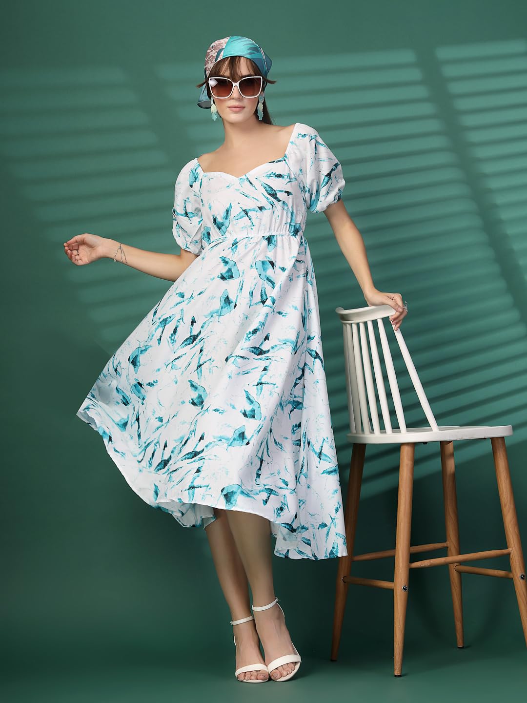 Oomph Flared Dress For Women Stylish | Long One Piece For Women | Puff Sleeve Long Dress | Floral Print Maxi One Piece | Western & Fusion Wear Aquamarine Blue