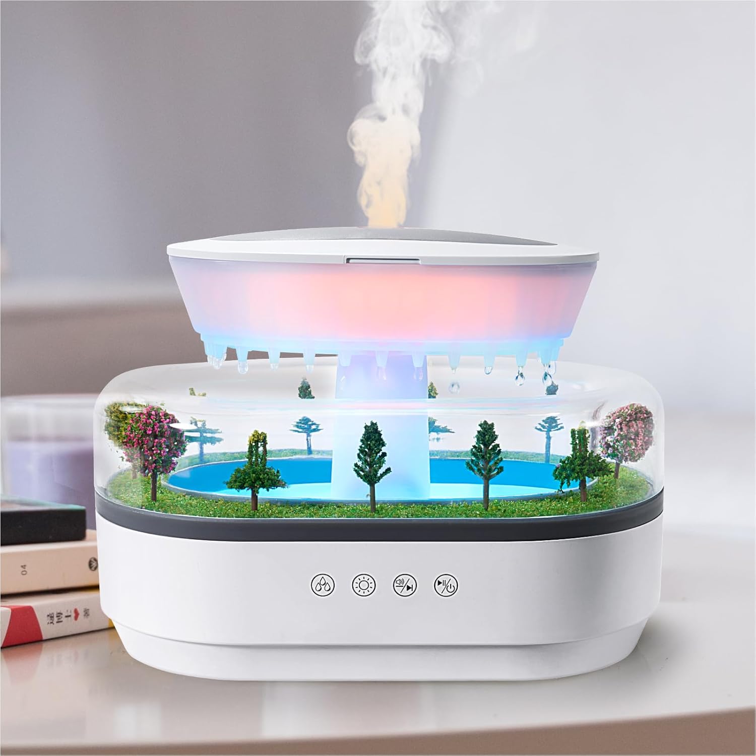 Essential Oil Diffuser 250ML Cloud Humidifier Rain Water Drip Diffuser Humidifier with Drip Music Micro Landscape Ultrasonic Diffuser for Bedroom Office Hotel (White Grey)