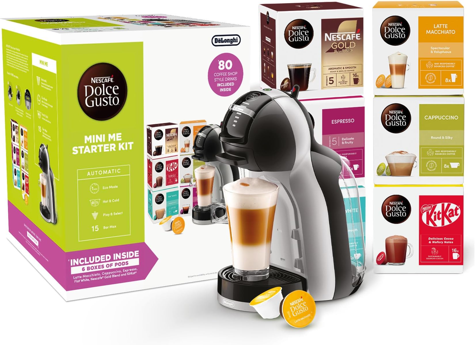 EDG155.BG Mini-Me Automatic Coffee Machine Black & Arctic Grey by De’Longhi - Starter Kit