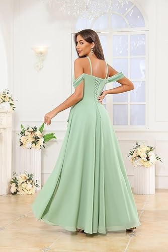 Vista 2 de OFEECHUN Women's Off The Shoulder Long Bridesmaid Dresses for Wedding Chiffon Ruched Formal Evening Gowns with Slit
