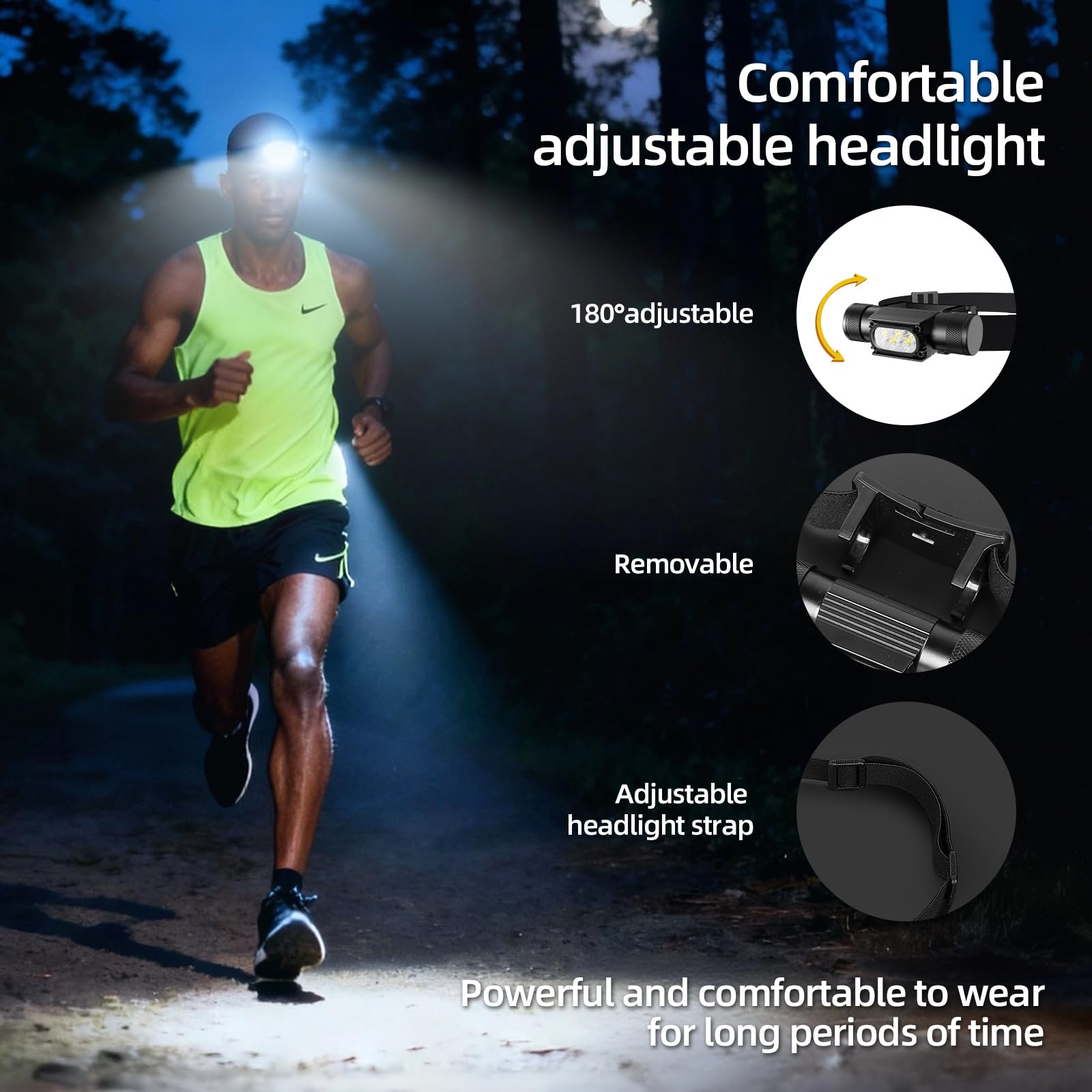 Lampe frontale rechargeable, 1800 lumens, super lumineuse, légère, 0,1 kg, 3200 mAh, 7-65 h, étanche IPX4, pour promener le chien, camping, randonnée et chapeaux durs