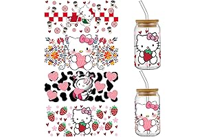 Transfer Stickers Vinyl Sheets for 16oz Libbey Glass Cups (Pink Heart Cute Cartoon, 4 Sheets)