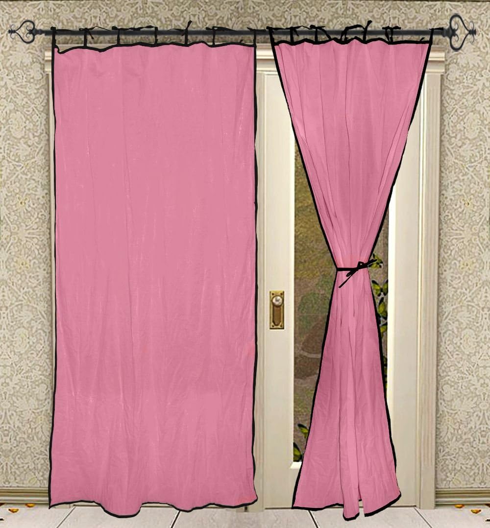 2 Pcs Tie Top Black Piping Plain Pink Curtain Panels for