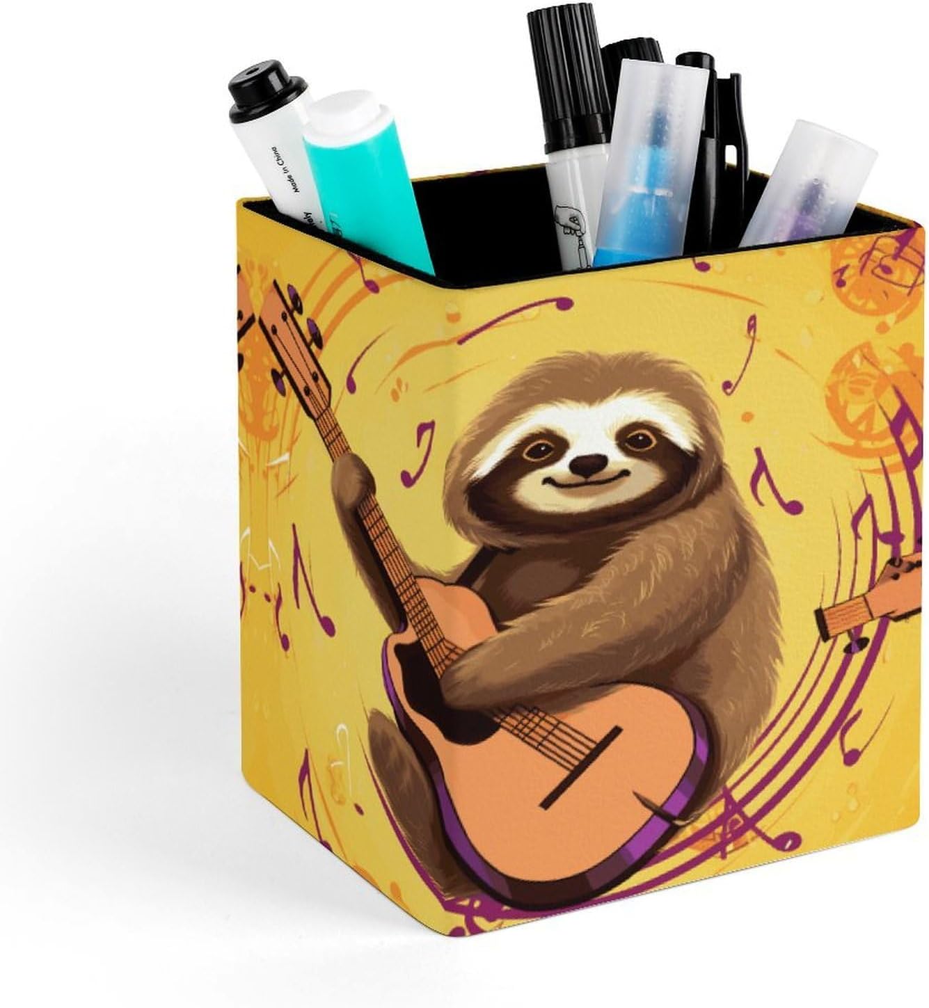 Music Animal PU Leather Square Pen Holder for Home Office