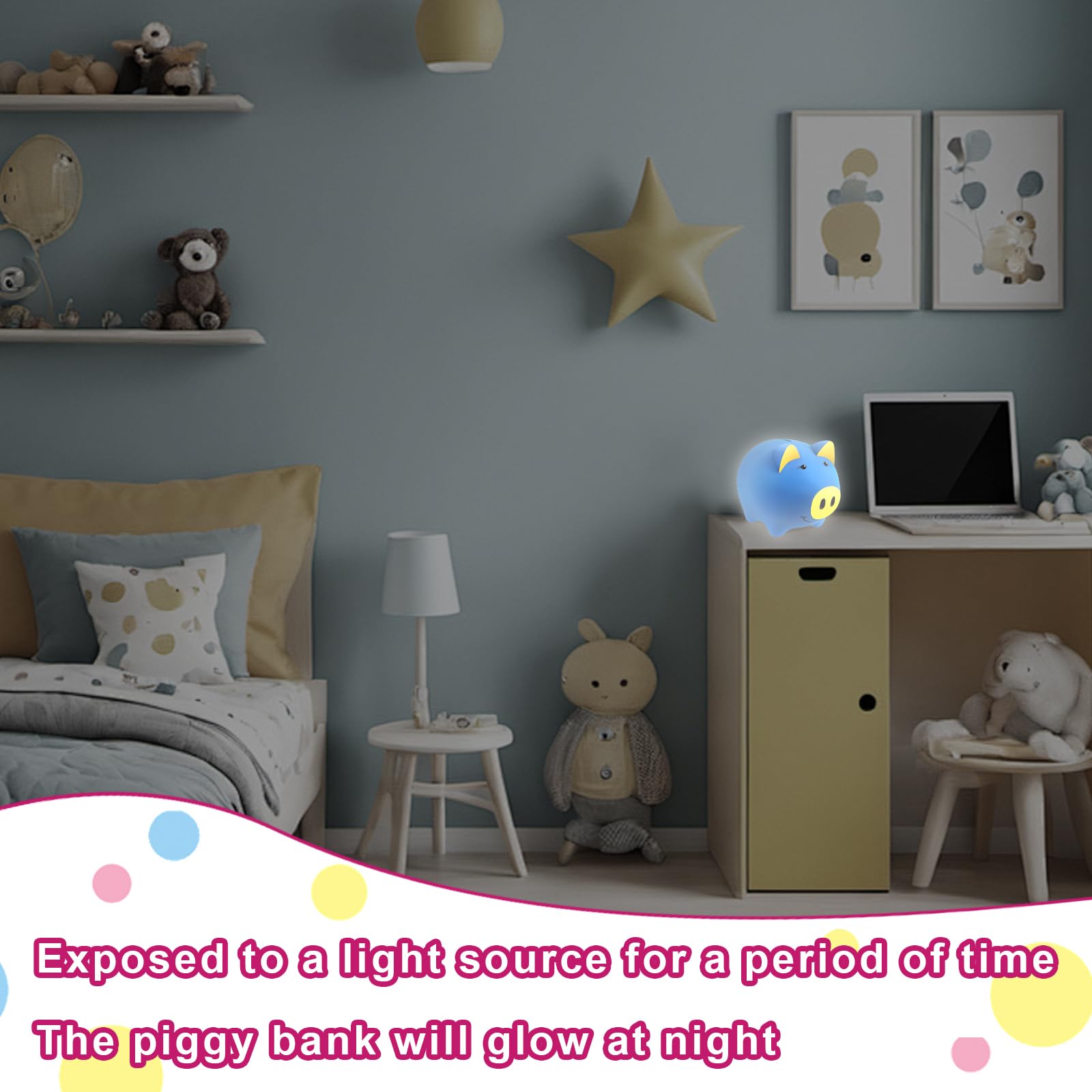 Laebuild Glow in The Dark Magic Piggy Bank for Toddlers - Unbreakable Plastic Money Bank with Pig Shape for Kids & Adults - Cute Coin Savings Jar for Boys & Girls - Dark Blue