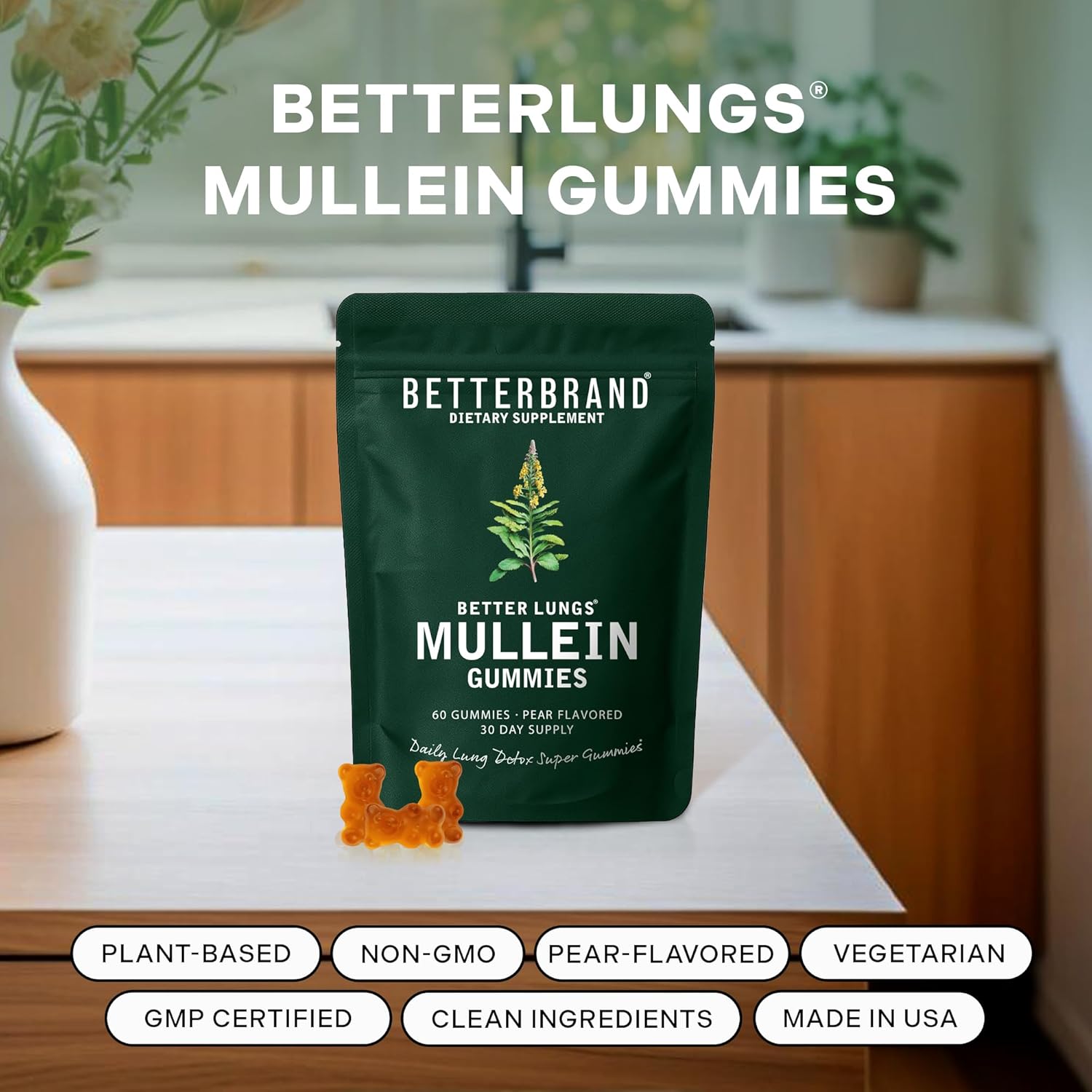 Betterbrand Mullein Chewable Gummies for Lung Cleanse and Detox, Respiratory Health Supplement, 1000mg Mullein Extract per Serving, 60 Gummies - 30 Day Supply - Pear Flavored - Image 2