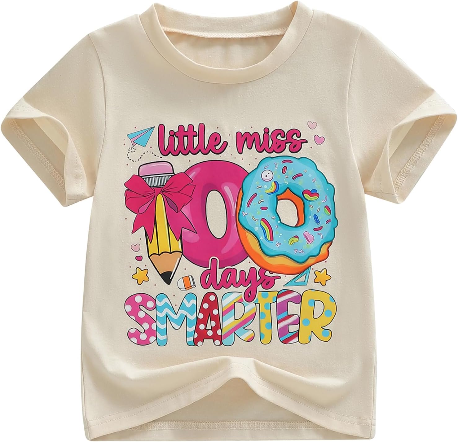Kids Little Girls 100 Days of School Shirt Little Miss 100 Days Smarter Donut Pencil Kindergarten Student T-Shirt