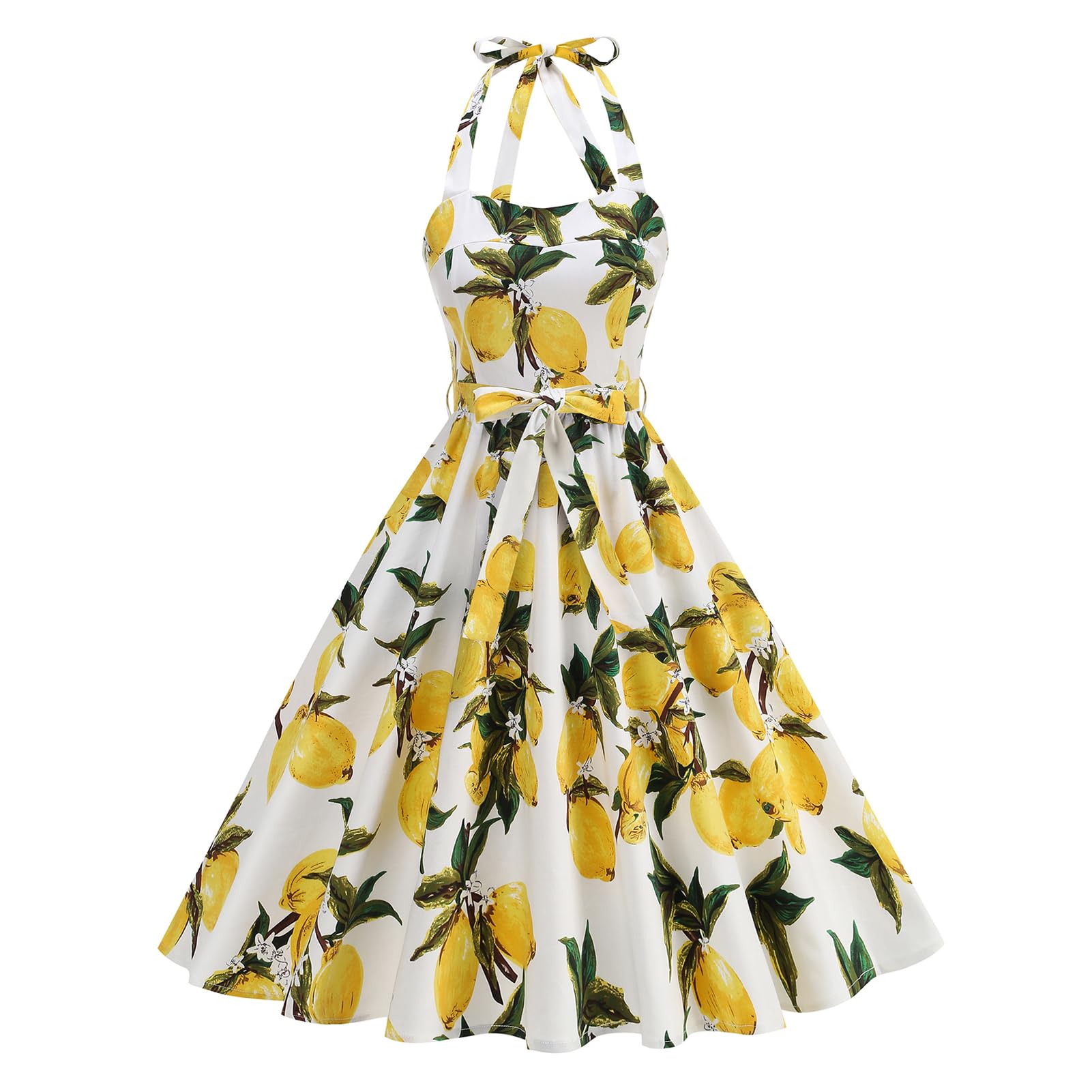 Odizli Abito estivo da donna, stile rockabilly, vintage anni '50, con allacciatura al ginocchio, lunghezza al ginocchio