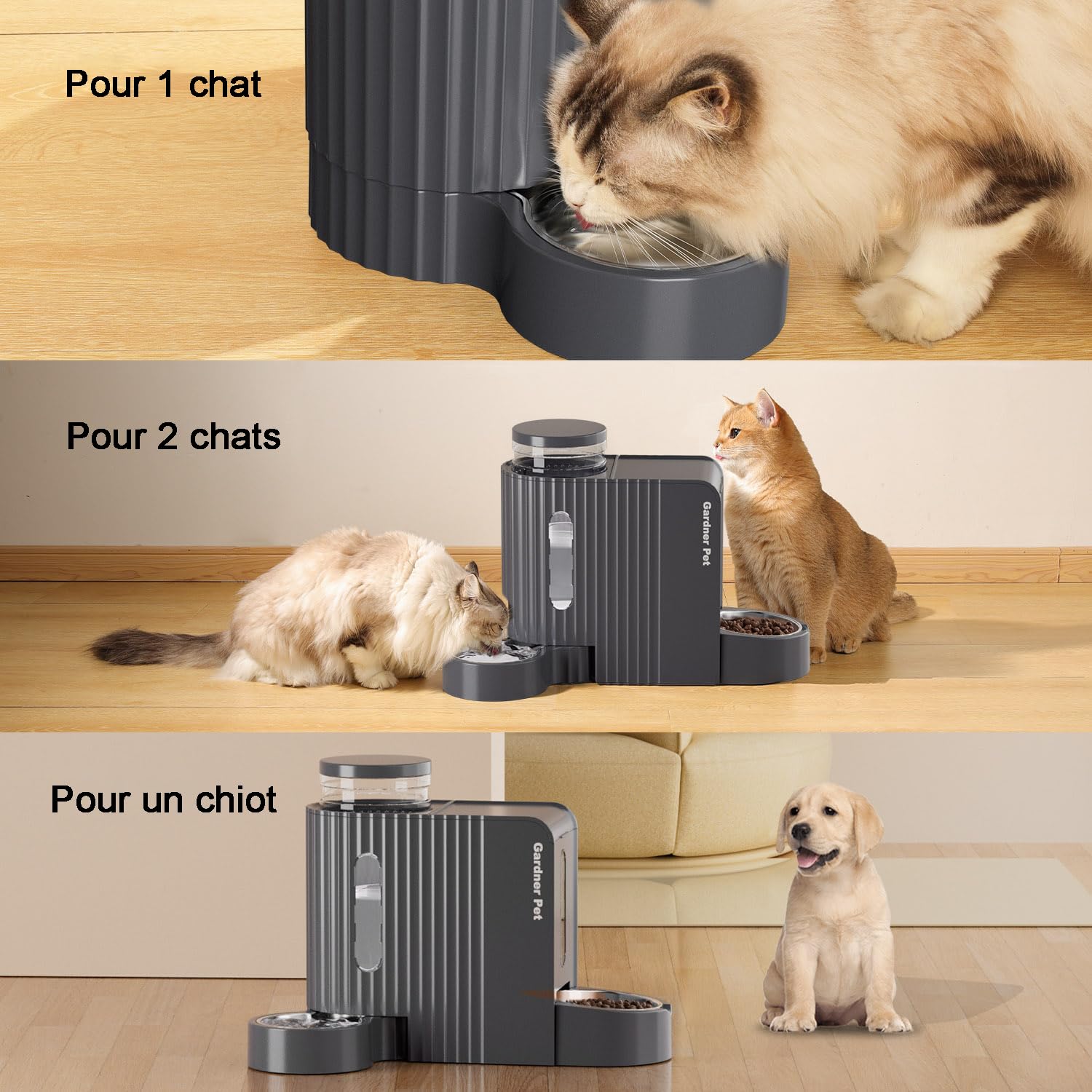 Gardner Pet 2-en-1 Distributeur Croquettes Chat Automatique 3L*2, Distributeur Eau Chat et Chien par Gravité, Mangeoire avec Gamelle Acier Inoxydable, sans BPA, Angle Réglable,Non Électrique, Gris
