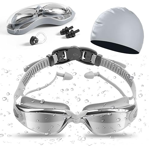 Swim Goggles Swimming Cap Set for Adults UV Protection Lenses Clear Anti Fog Waterproof with Nose Plug Earplug