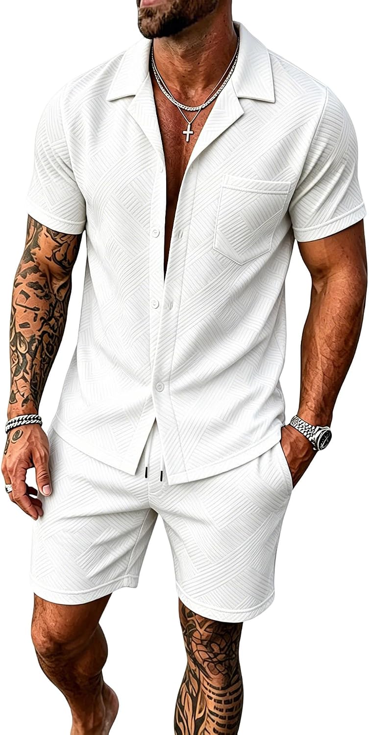 UOUA Mens Short Sets 2 Piece Summer Outfits Jacquard Short Sleeve Button Down Shirt and Shorts Set