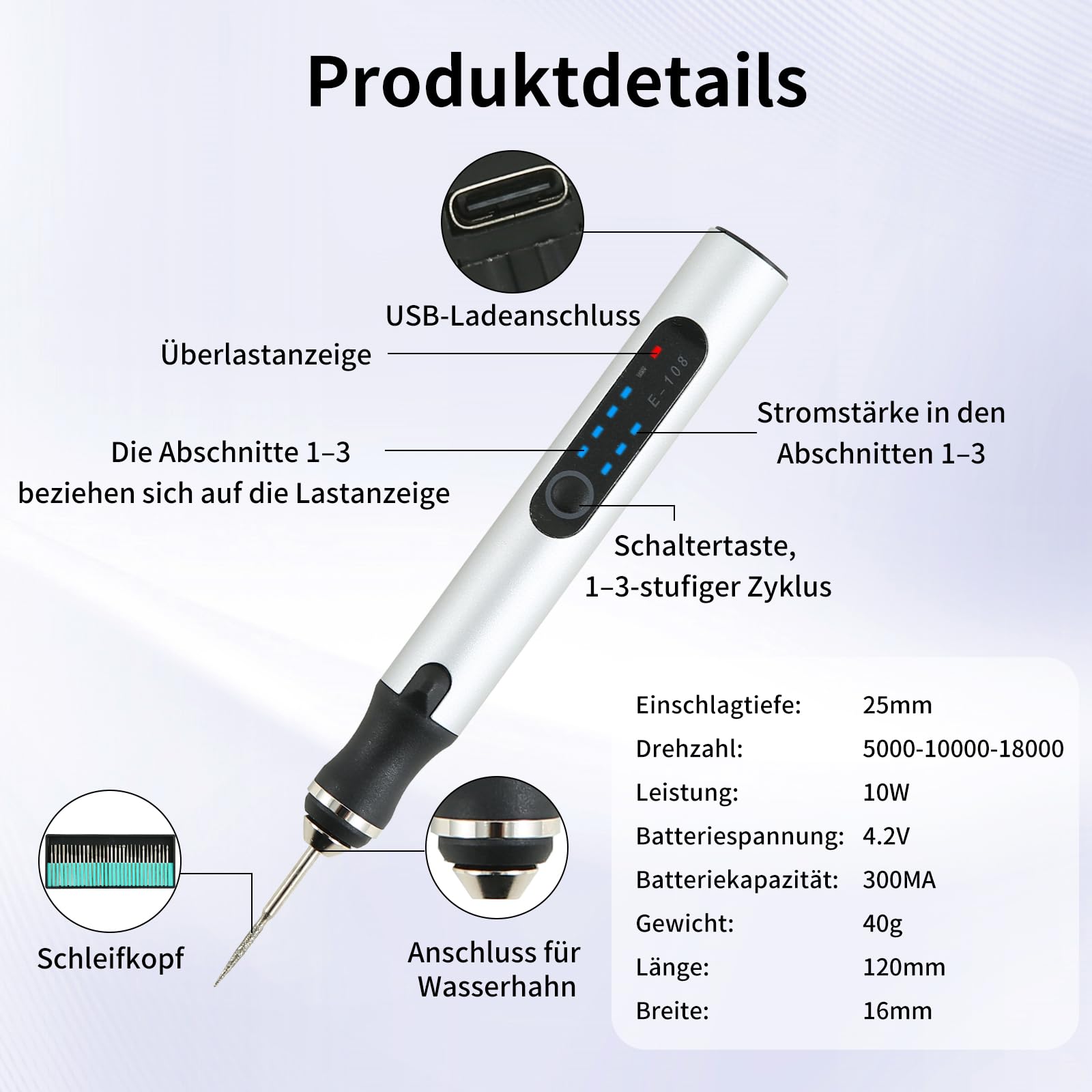 Gravierstift mit 30 Bits, Elektrischer Gravierstift, Kabelloser elektrischer Gravur Stift, Tragbares Gravur gerät, wiederaufladbares, für Glas, Holz, Kunststoff, Metall, Stein