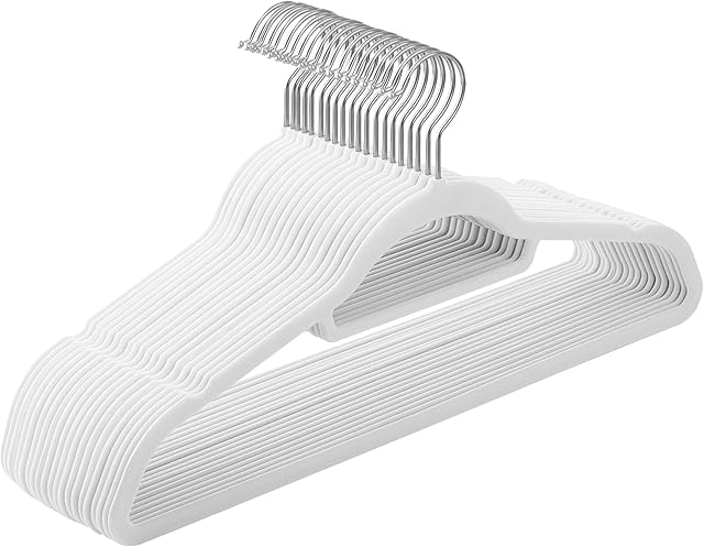 SONGMICS Velvet Hangers, Set of 20 Clothes Coat Hangers, Non-Slip, with Tie Bar and 360° Swivel Hook, Space-Saving, 0.6 cm Thick, 43.5 cm Long, for Dresses Trousers, White CRF020W01