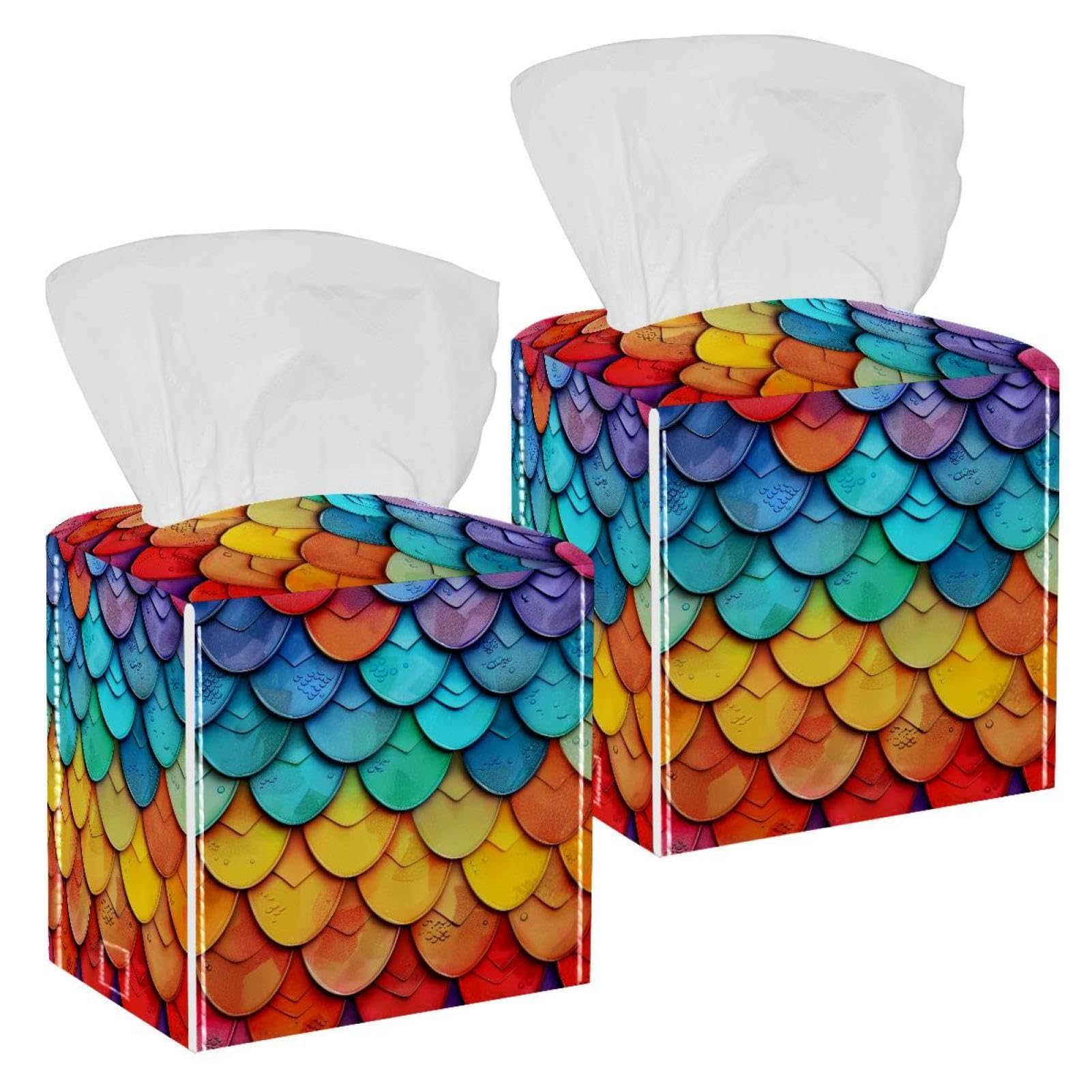 Colored Mermaid Scales Tissue Box Cover, 2 Pack PU Leather Square Facial Tissue Dispenser Box holder for Home Office Car