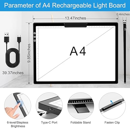 Miniatura 2 de Honesorn Almohadilla de luz recargable de copia A4 con puerto tipo C, tablero de luz ultrafino de pintura de diamante, mesa de luz LED para