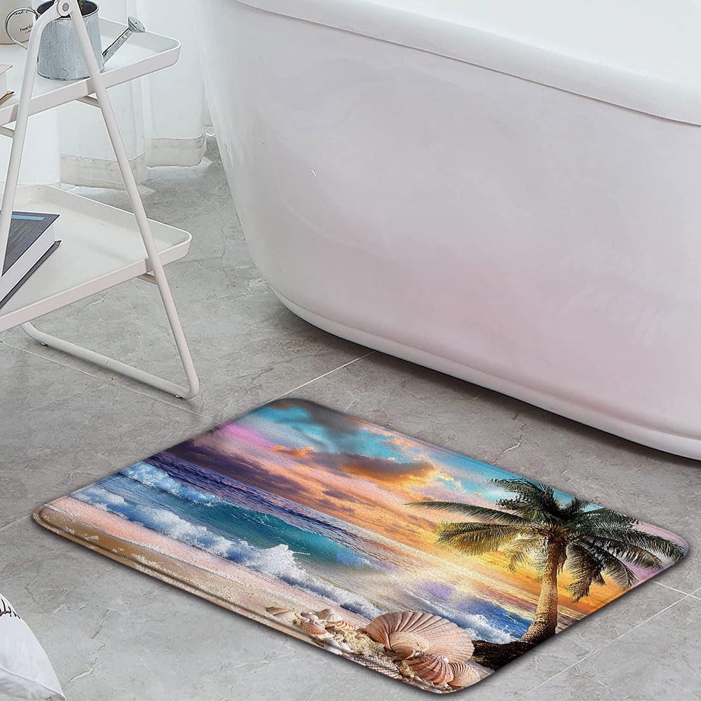3 Piece Bathroom Rugs Sets Ocean Beach Coastal Bath Mat Tropical Sunset Palm Tree Sea Wave Hawaii Nature Sunrise Shell Summer Island Holiday Seacape Indoor Carpet Bathtub Rug Set Toilet U-Shaped
