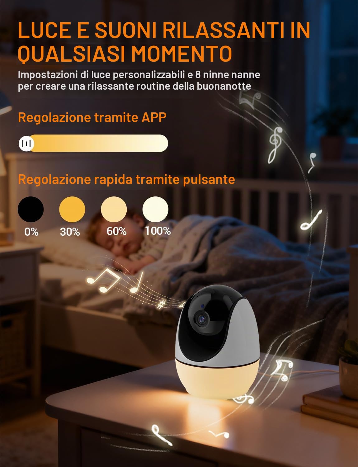 BURNNOVE Baby Monitor Video e Audio Schermo 5" IPS Connessione WiFi App per Smartphone con Luce Notturna Temperatura e Umidità Monitoraggio Movimenti Visione Notturna 8 Ninne Nanne Audio Bidirezionale