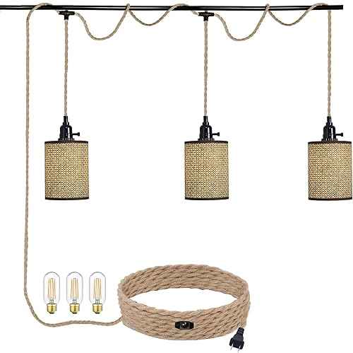 Miniatura 1 de XININSUN 3 luces colgantes enchufables, lámparas colgantes con cable enchufable, interruptor regulable, pantalla tejida de mimbre de ratán, lámpara