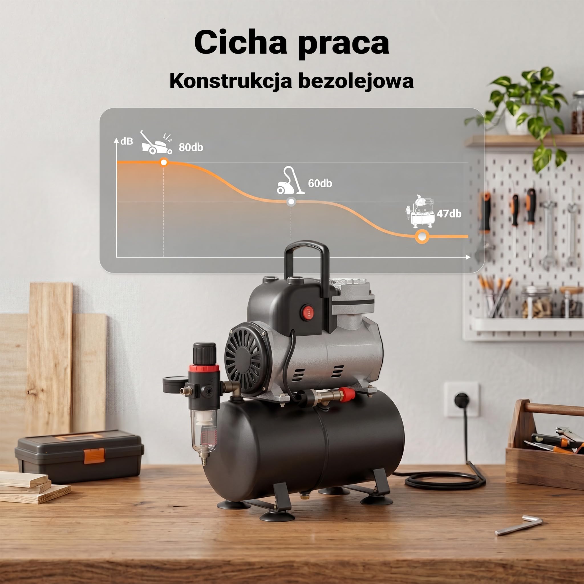 Wiltec Jednocylindrowa sprężarka tłokowa do aerografu AF189 ze zbiornikiem powietrza, ciśnienie maks. 6 bar, reduktor ciśnienia, separator wody, manometr
