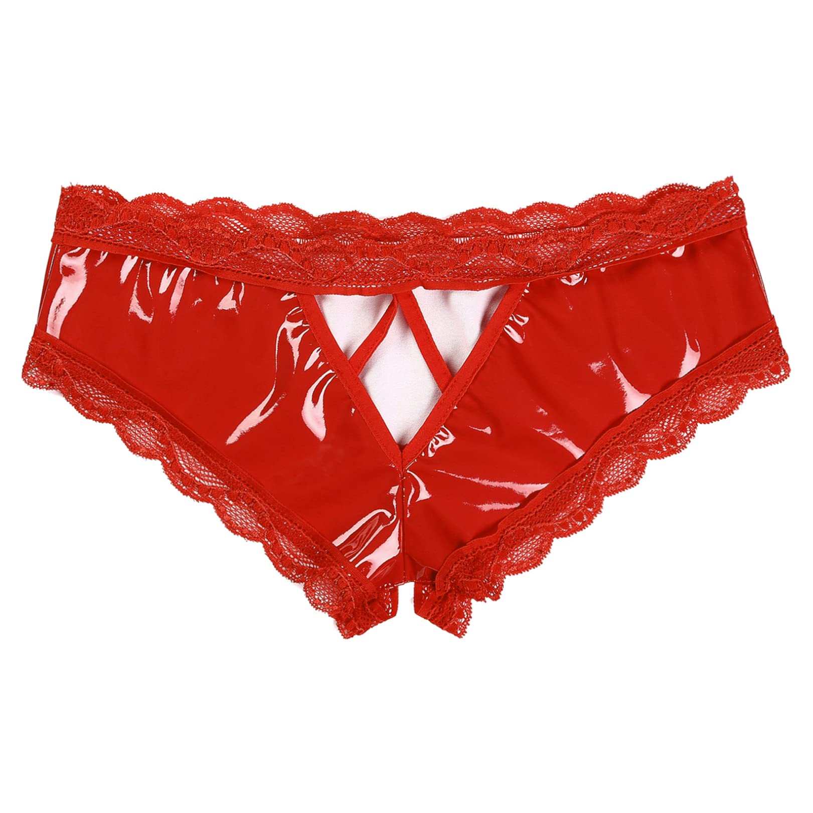 FEESHOW Donna Pelle Verniciata Slip Ouvert G String Tanga Wetlook Intimo Passo Aperto Mutandine Bikinislip Mutandina Slip
