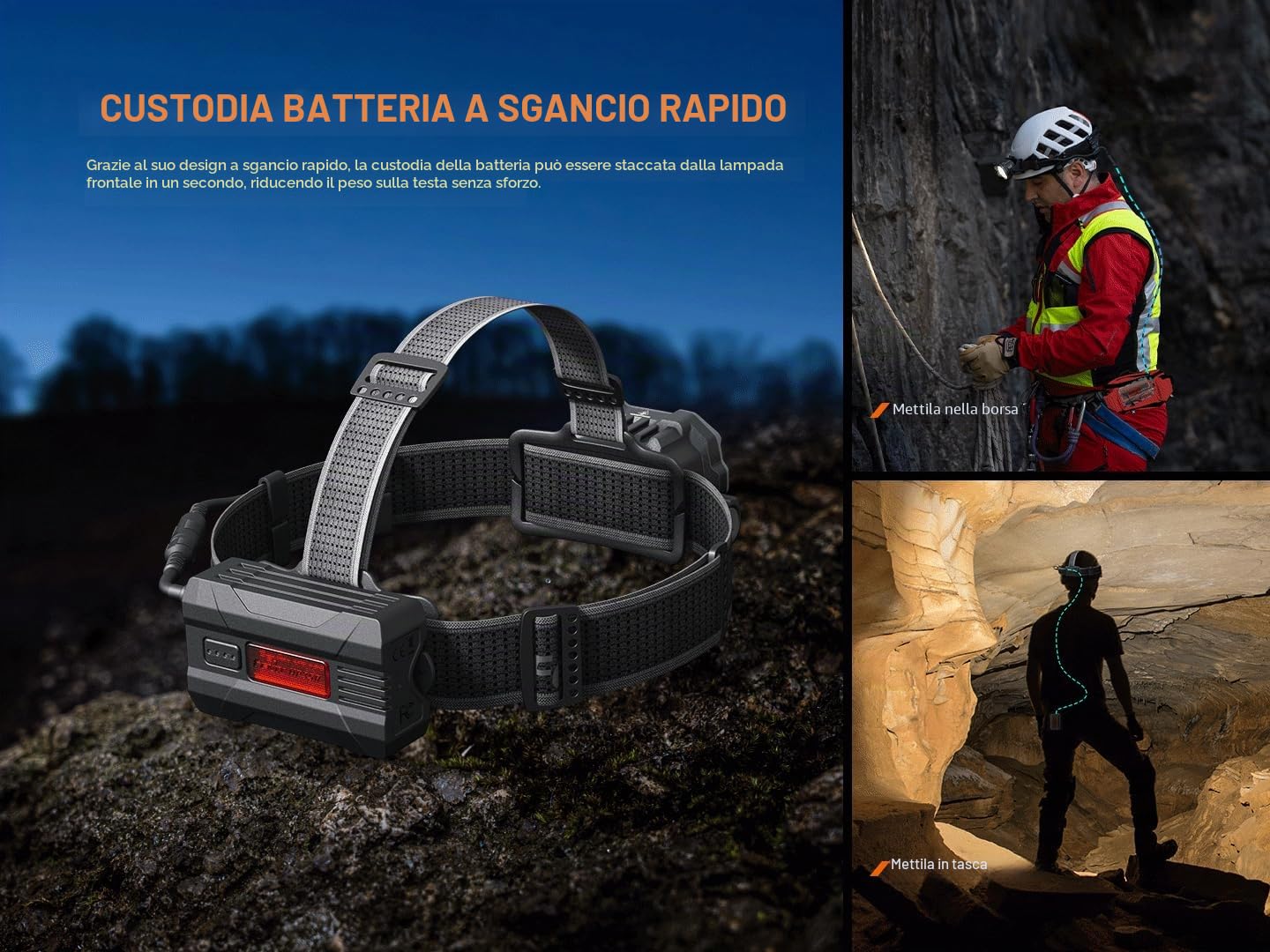 fenix HP35R, torcia frontale ricaricabile ultra potente | 4000 lumen | 450 m | 500 ore max | fascia larga comoda | batteria da 10.000 mAh con cavo di prolunga | luce di sicurezza posteriore rossa |