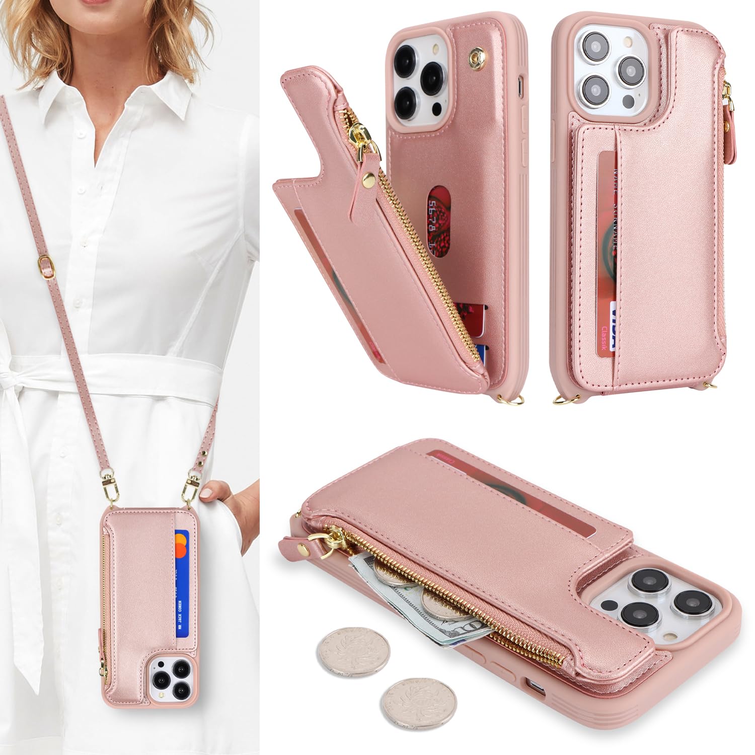 Cavor for iPhone 13 Pro Max Case Wallet with Card Holder for Women,for iPhone 12 Pro Max Case with Strap,Crossbody and Wristlet,Leather Zipper Pocket Phone Case-Rose Gold