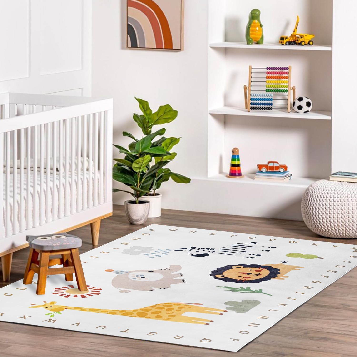 Poowe Cute Zoo Rug for Kids Room Boy & Girl -Colorful Alphabet Circle Area for Playroom, Nursery, Classroom, Bedroom - Non-Slip, Soft Play Mat for Baby, Neutral Toddler, Children -4Ft x 6Ft