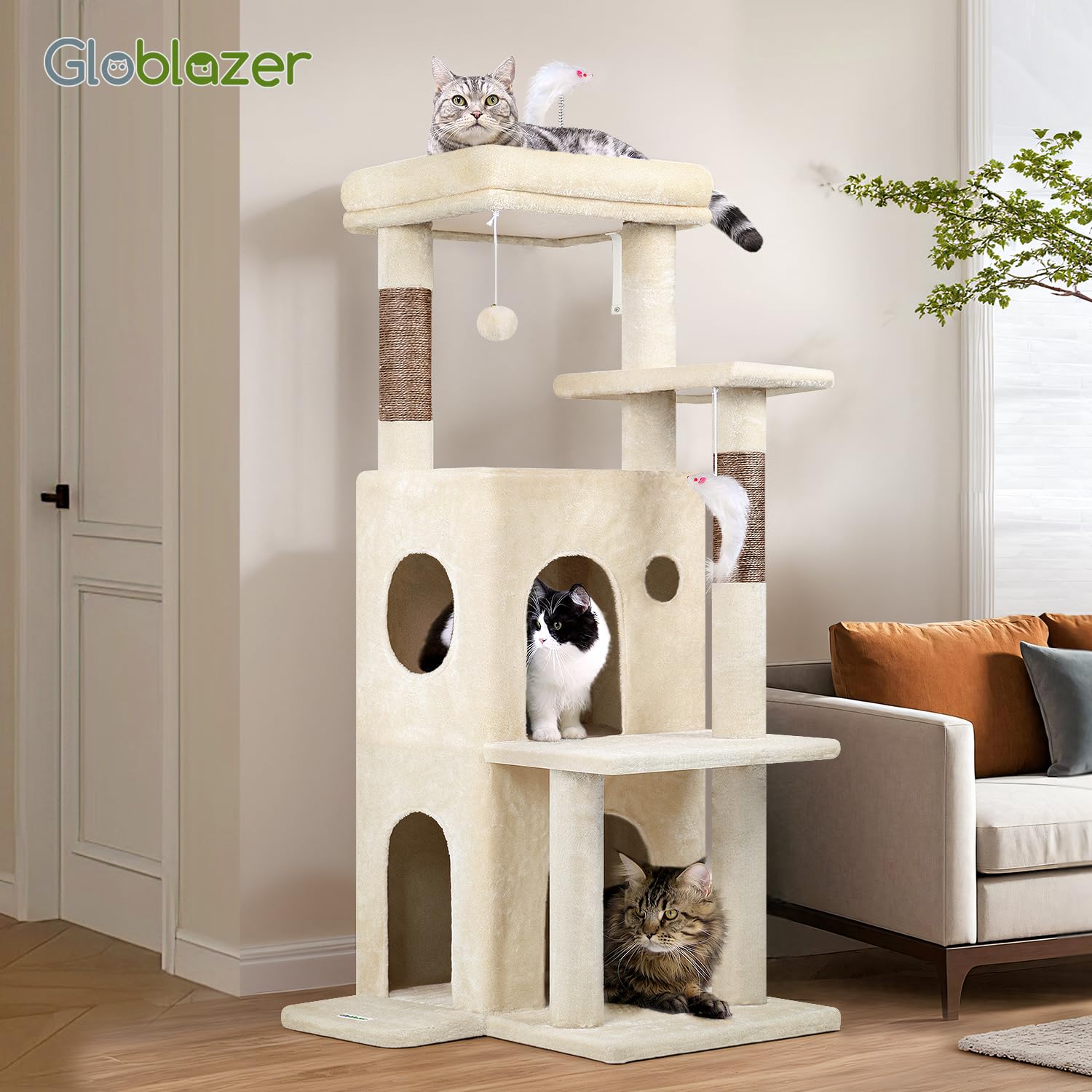 Globlazer Drapak do drapaka, beżowy, stabilny, z dużą podstawą, wyściełana platforma, pluszowa zabawka dla kotów, 127 cm wysokości, dla dużych kotów, seniorów, odpoczynku, zabawy, drapania wewnątrz