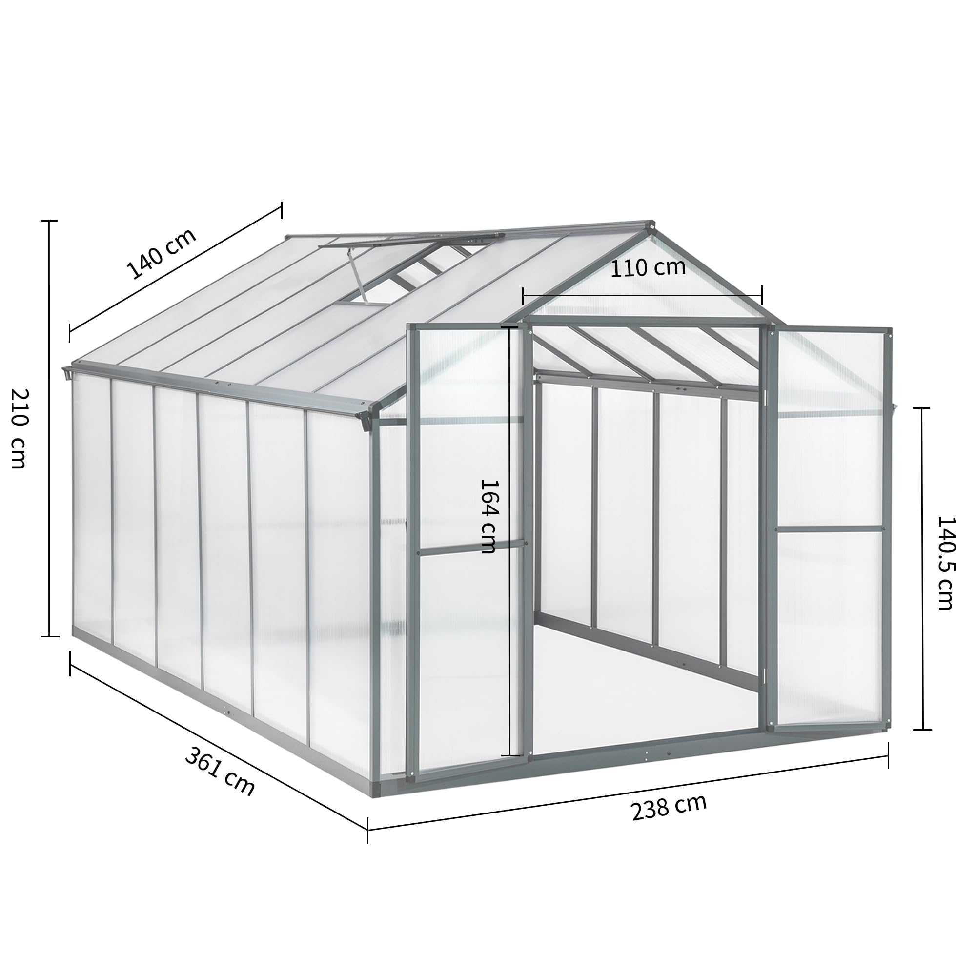 Gewächshaus Aluminium für den Garten |Mit 8 cm dickeres Fundament| 361*238*210 cm | Vielseitig nutzbar als Treibhaus Gartenhaus Winterfest Aufzucht Tomatenhaus Frühbeet und Pflanzenhaus Grau