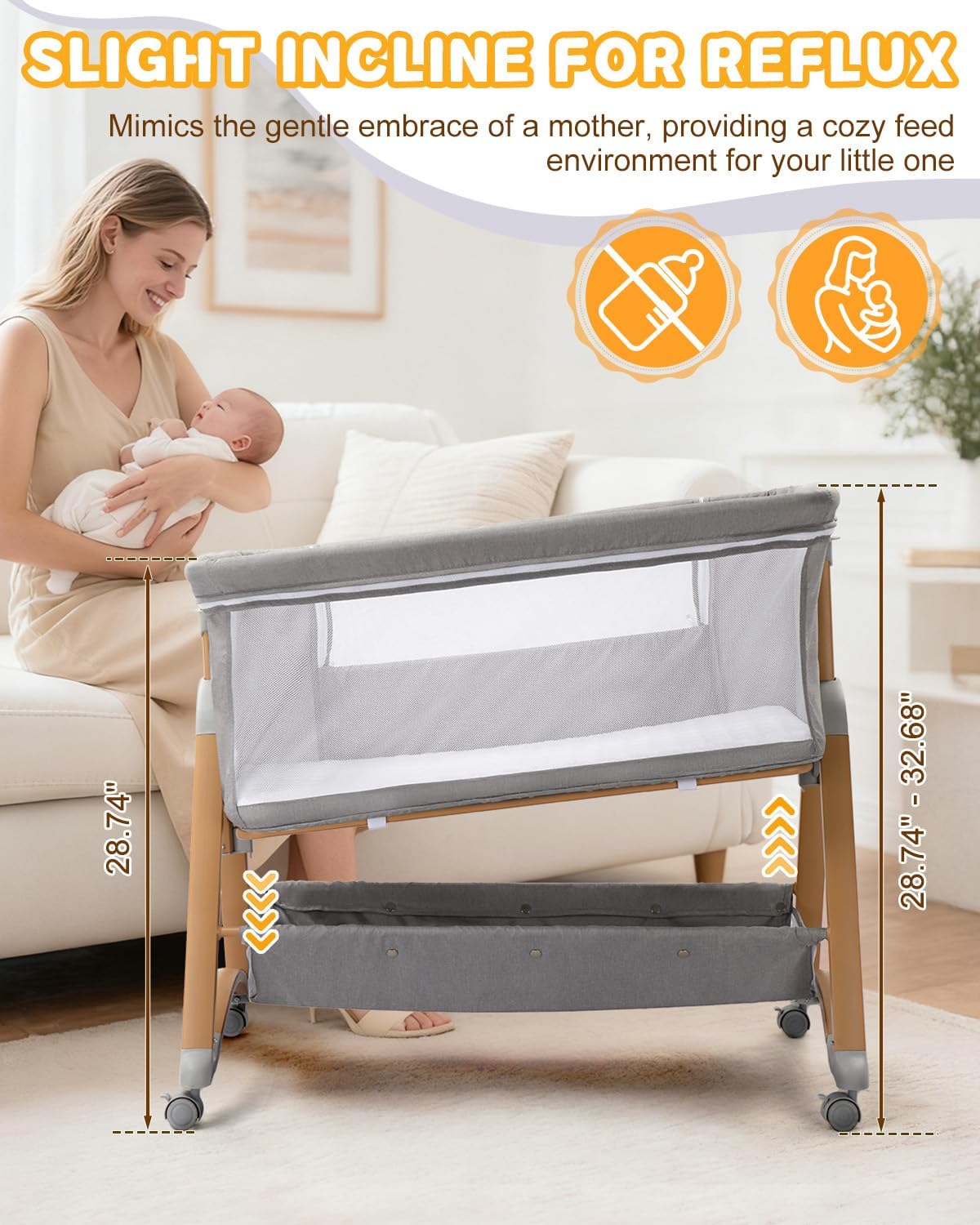Ktaxon 5 in 1 Baby Bassinet Bedside Sleeper, Rocking Bedside Bassinet with Wheel, Removable Mattress, 6 Adjustable Heights, Large Storage Basket, Airflow Mesh, Fast Folding for Newborn (Light Grey)