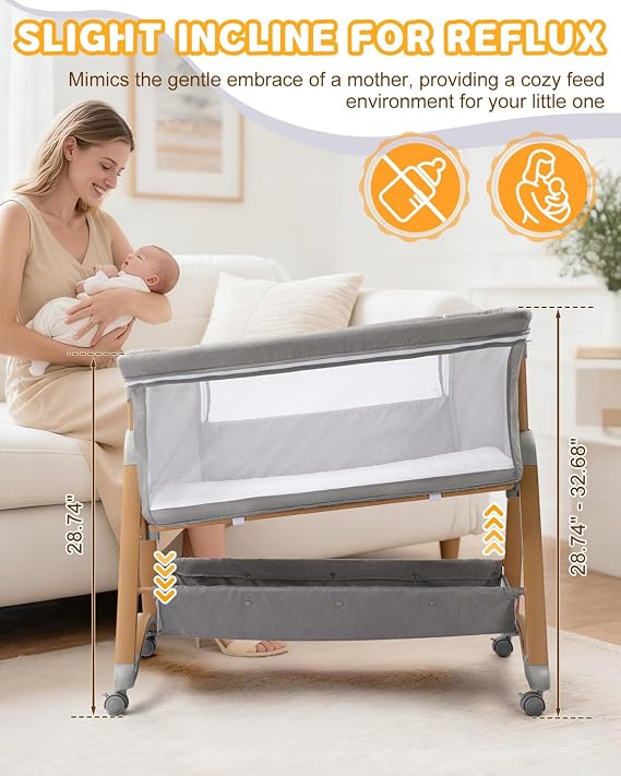 Ktaxon 6 in 1 Baby Bassinet Bedside Bassinet for Baby Crib Rocking Bassinet | Washable Sheets, 4 Sided Breathable Mesh, 6 Height Adjustable, Swivel Wheel with Brake, Elegant Wood Grain Leg (Dark Grey)