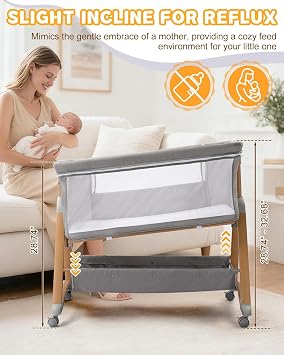 Ktaxon 6 in 1 Baby Bassinet Bedside Bassinet for Baby Crib Rocking Bassinet | Washable Sheets, 4 Sided Breathable Mesh, 6 Height Adjustable, Swivel Wheel with Brake, Elegant Wood Grain Leg (Dark Grey)