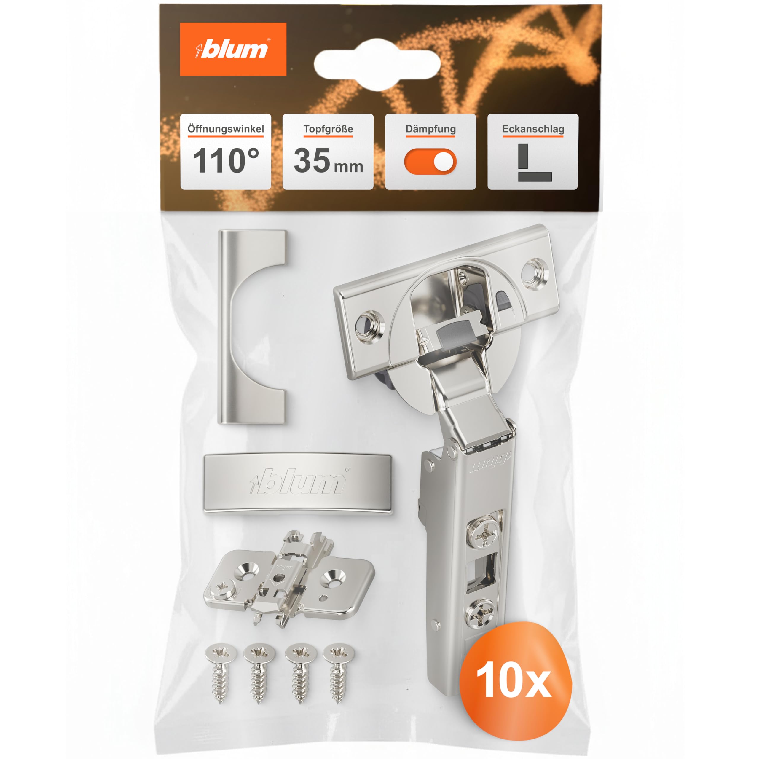 BLUM 10x CLIP top BLUMOTION Möbelscharnier 110° I Softclose Topfscharnier 35mm I separat montierbare CLIP Kreuzmontageplatte, 0mm Distanz | Dreidimensionale Fronteinstellung | Vernickelt | Eckanschlag