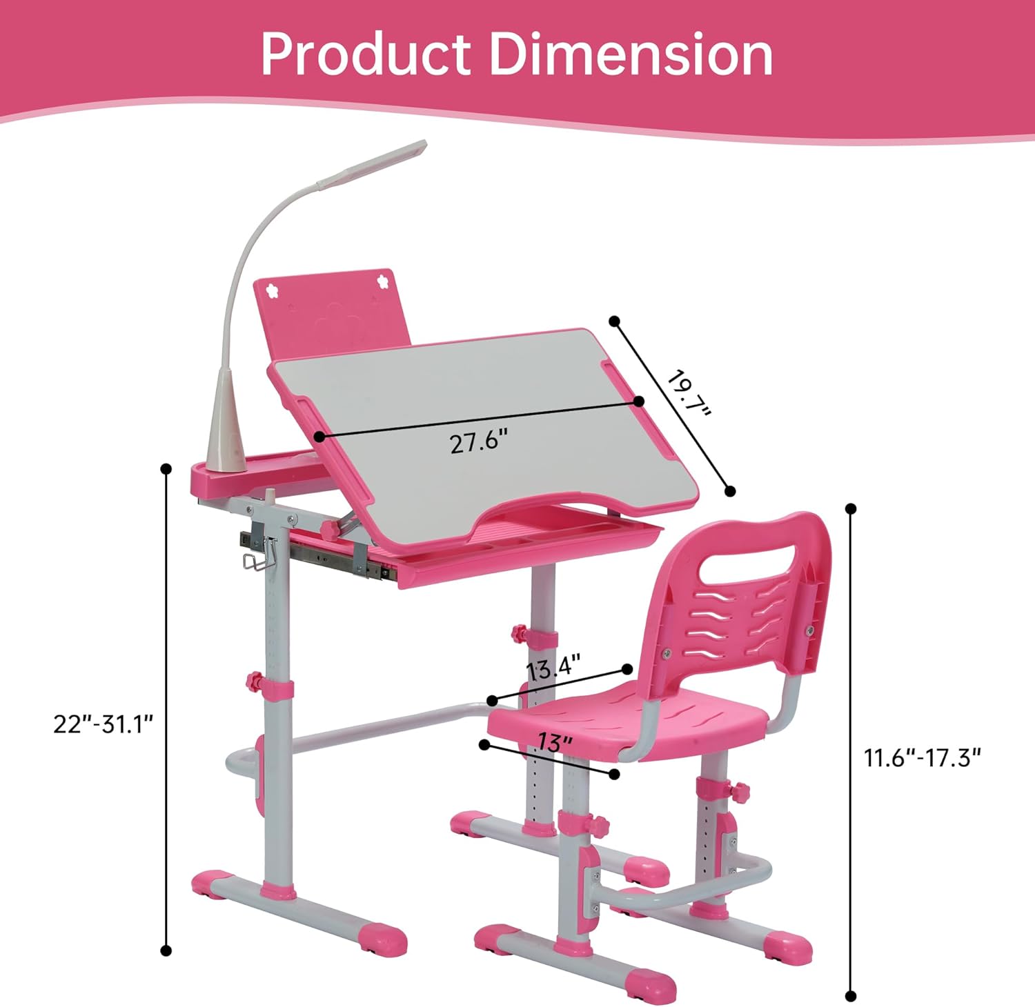 Kids Desk and Chair Set, Height Adjustable Child's School Study Writing Tables with Tilt Desktop, LED Light, Storage Drawer, Book Stand (Pink)