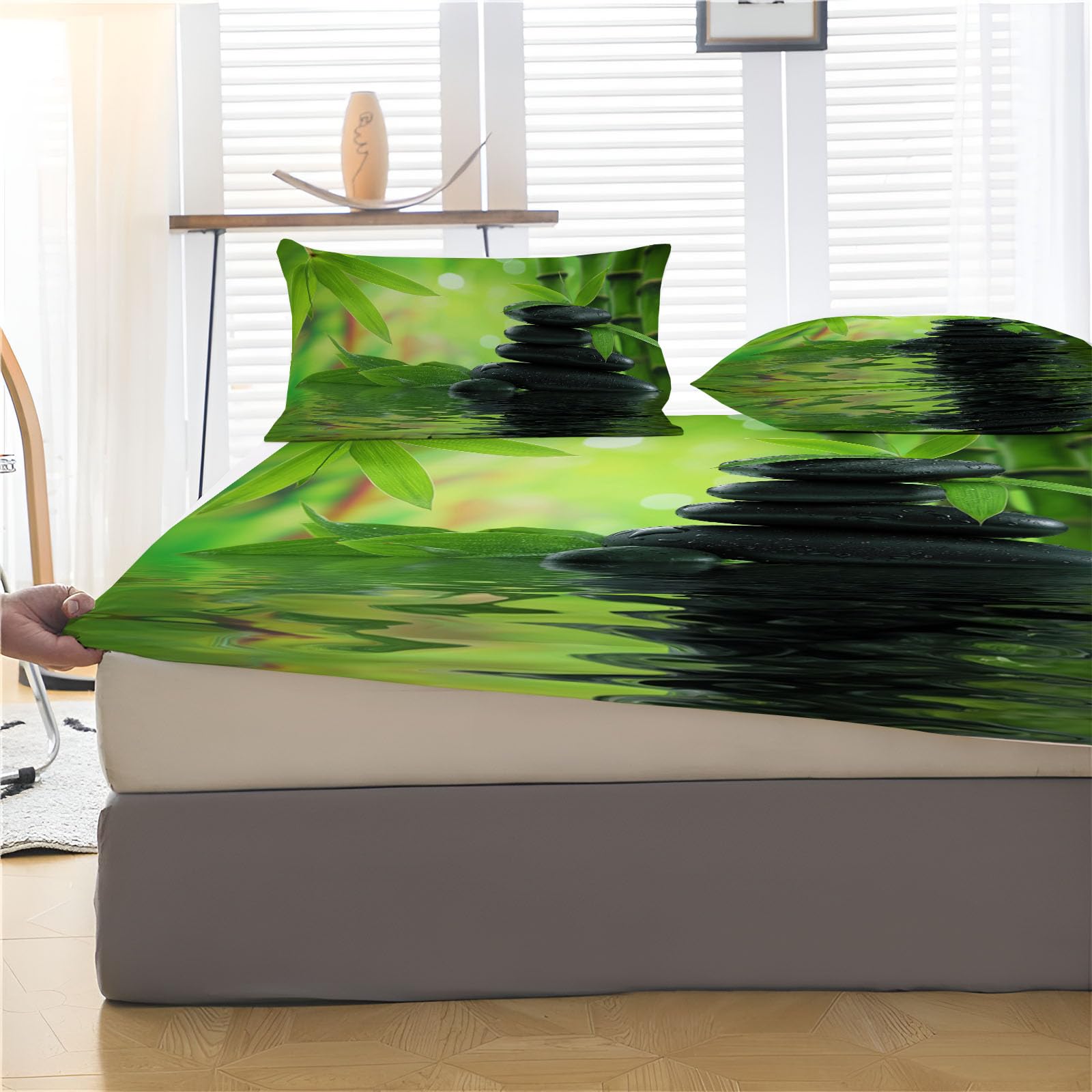 Sábana Ajustable Suave Plantas Naturales Guijarros Negros Bambú Impresión, Verde Microfibra Suave Transpirable Sábana Ajustable, 180x200cm Elástico en el Borde Bolsillo Profundo 30cm