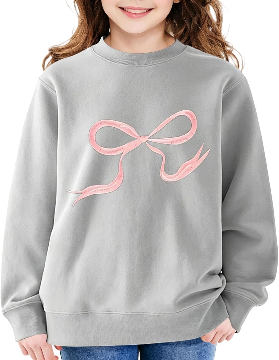 Girls Bow Graphic Sweatshirt Crewneck Casual Pullover Tops