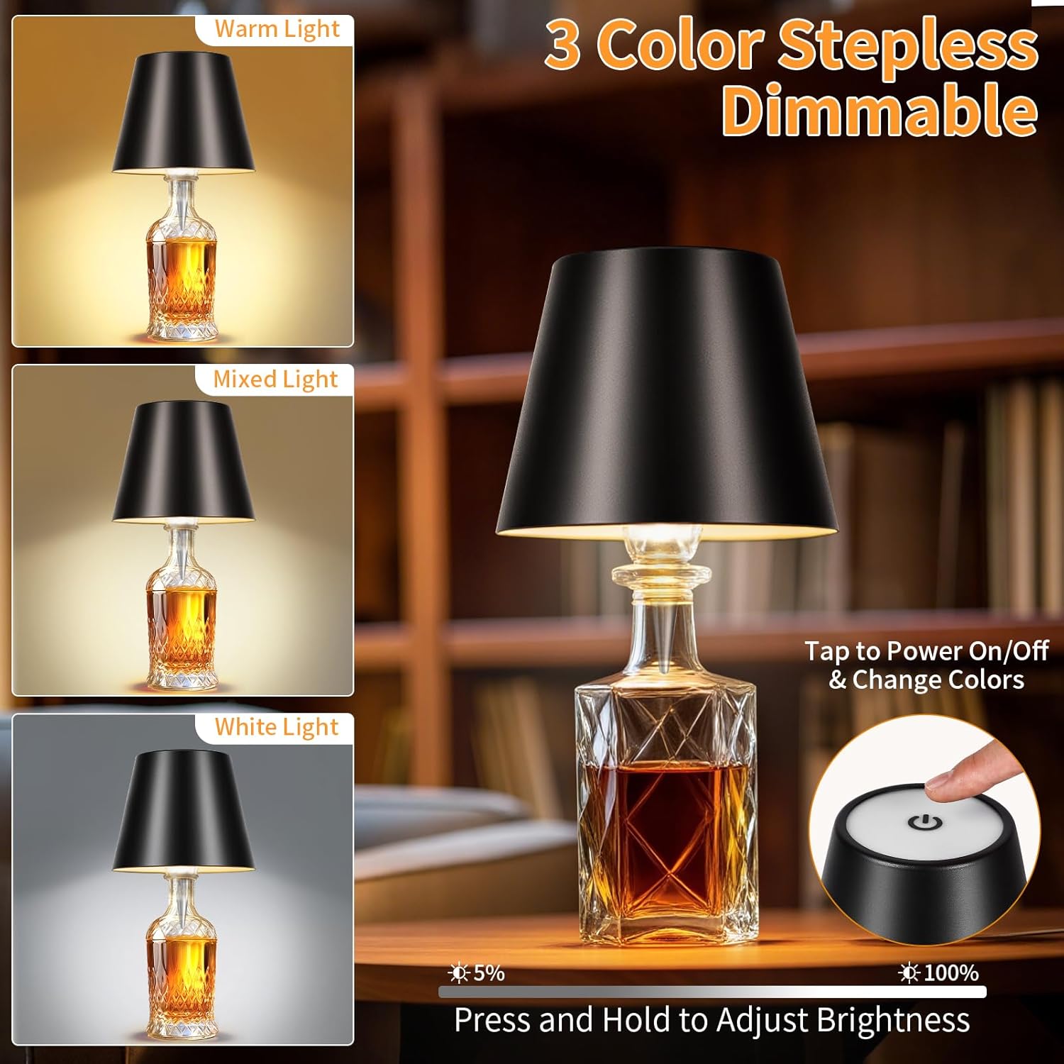 Rechargeable Wireless Bottle Lamp - 3 Color Stepless Dimmable, Metallic Black Lampshade, 5H Bright Light or 48H Soft Glow,Ideal for Home Décor, Parties, Bar